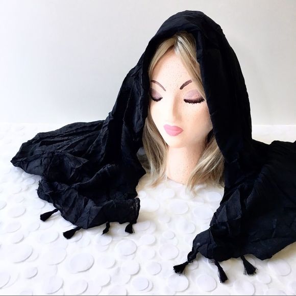 Crinkled Black Wrap Scarf, Tassel Trim, NWT…As Is, see description. - Picture 2 of 8